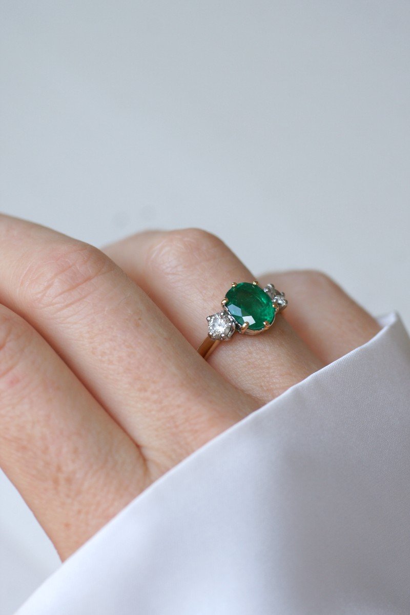 Vintage Trilogy Ring Emerald 2.20 Cts And Diamonds On Gold And Platinum-photo-4