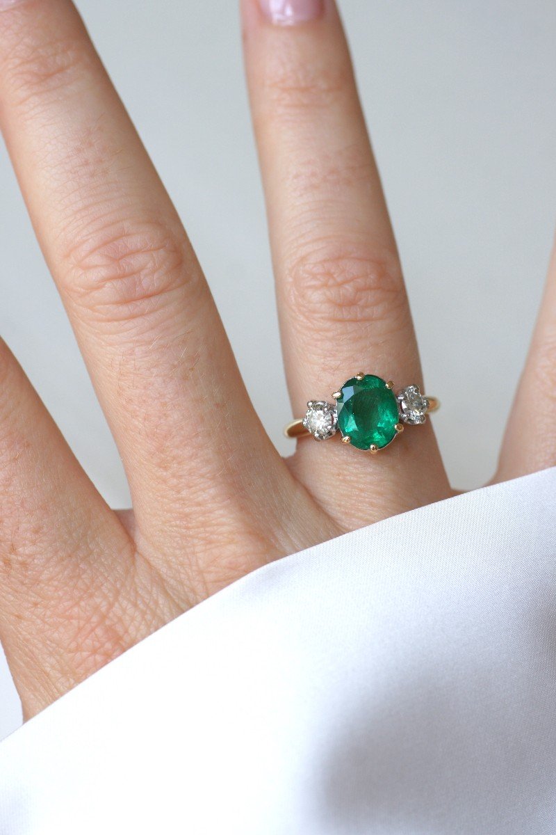 Vintage Trilogy Ring Emerald 2.20 Cts And Diamonds On Gold And Platinum-photo-5