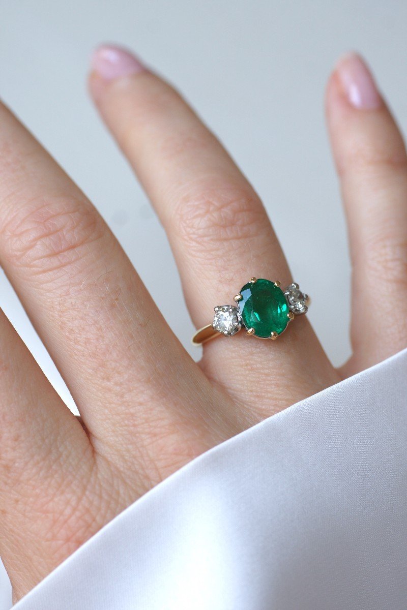 Vintage Trilogy Ring Emerald 2.20 Cts And Diamonds On Gold And Platinum-photo-6