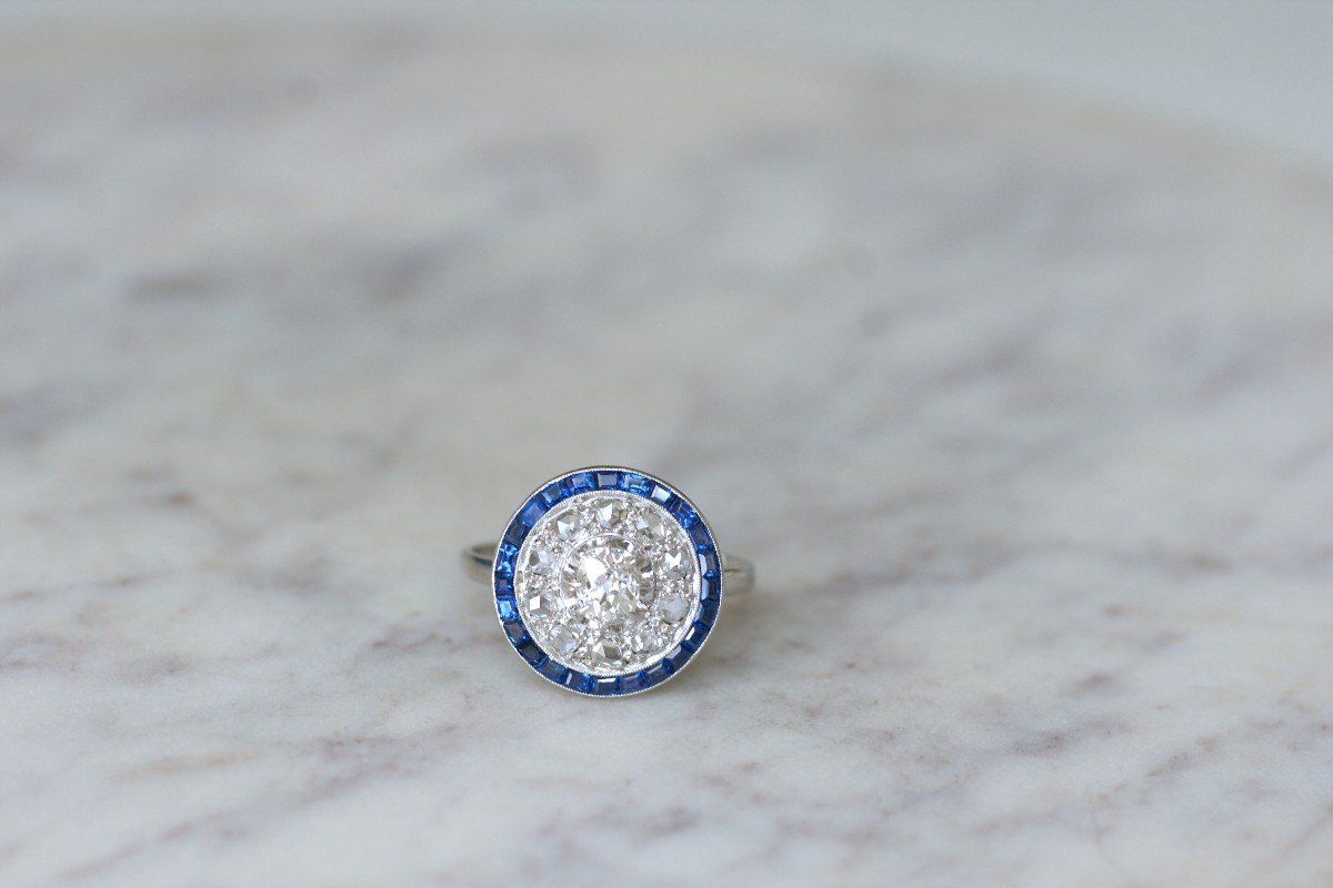 Art Deco Target Ring With Square Cut Sapphires And Diamonds On Platinum-photo-2