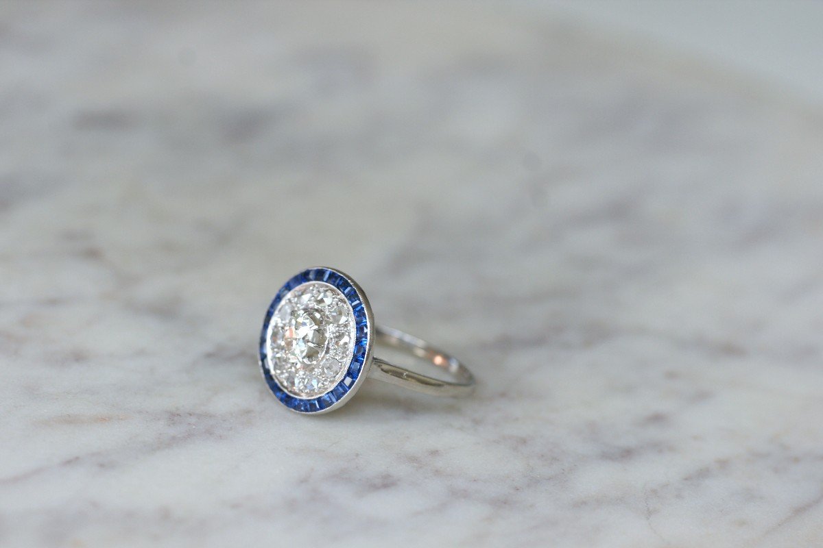 Art Deco Target Ring With Square Cut Sapphires And Diamonds On Platinum-photo-3