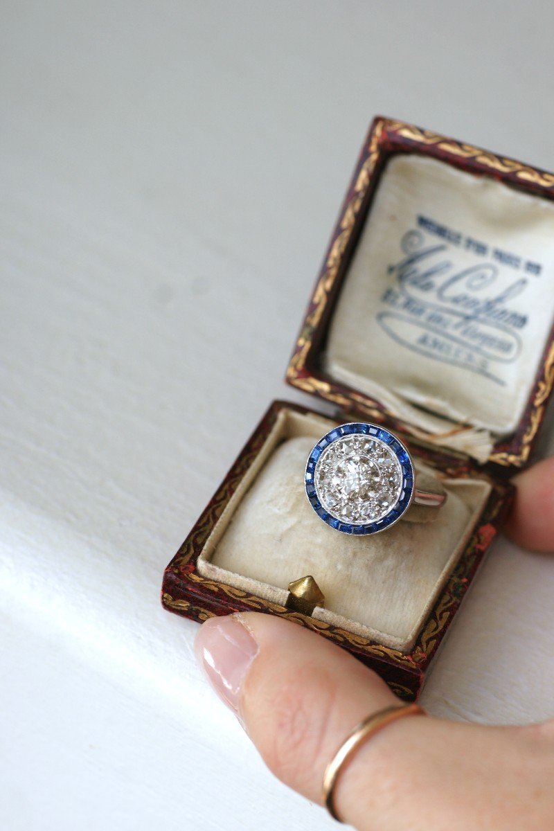 Art Deco Target Ring With Square Cut Sapphires And Diamonds On Platinum-photo-1