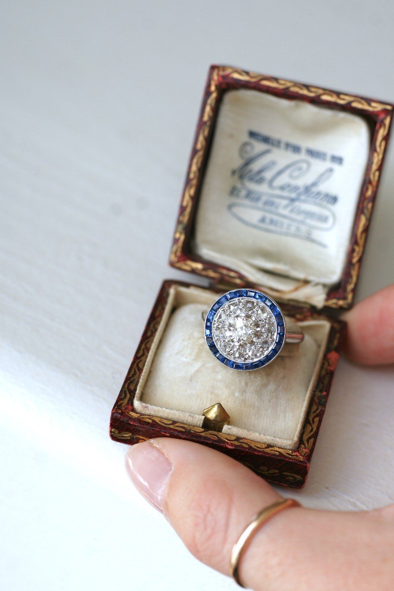 Art Deco Target Ring With Square Cut Sapphires And Diamonds On Platinum-photo-3