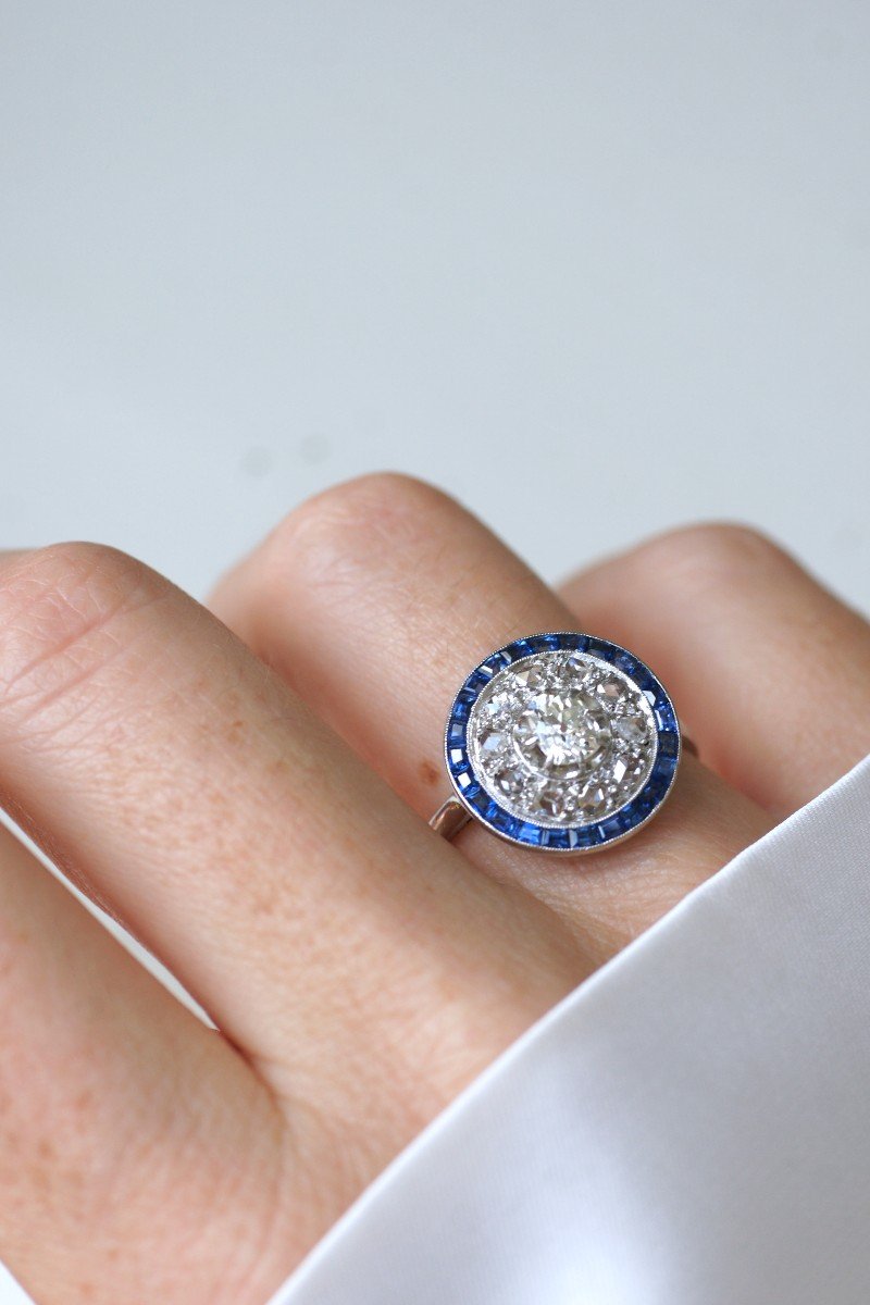 Art Deco Target Ring With Square Cut Sapphires And Diamonds On Platinum-photo-4