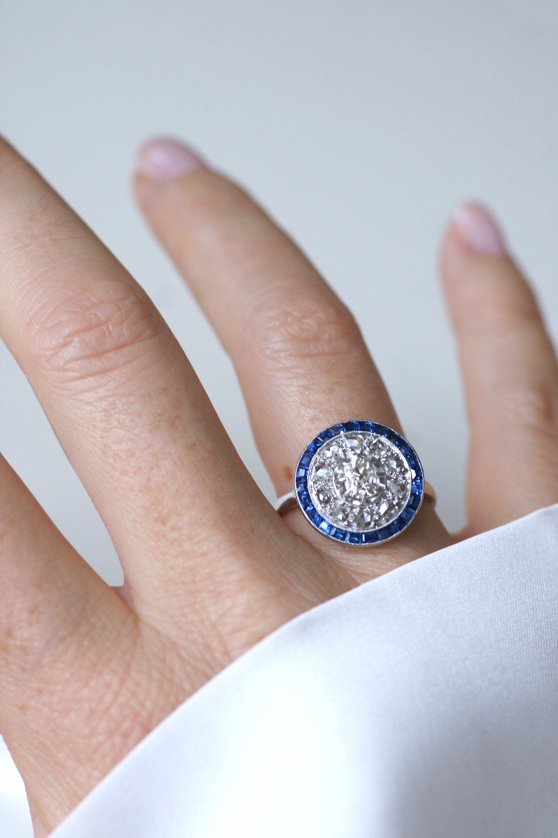 Art Deco Target Ring With Square Cut Sapphires And Diamonds On Platinum-photo-5