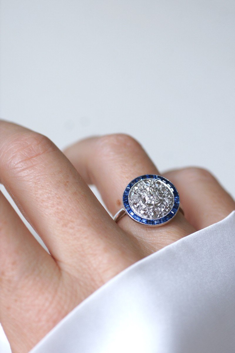 Art Deco Target Ring With Square Cut Sapphires And Diamonds On Platinum-photo-6