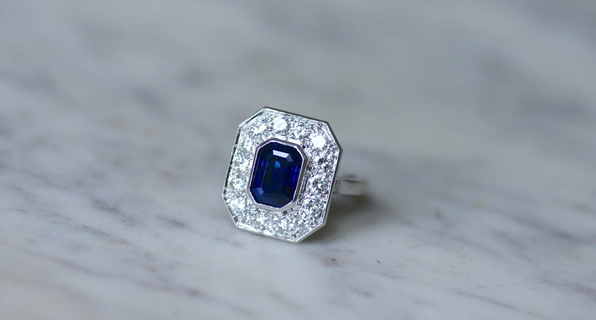  Art Deco Style Hexagonal Sapphire And Diamond Ring In Platinum-photo-3