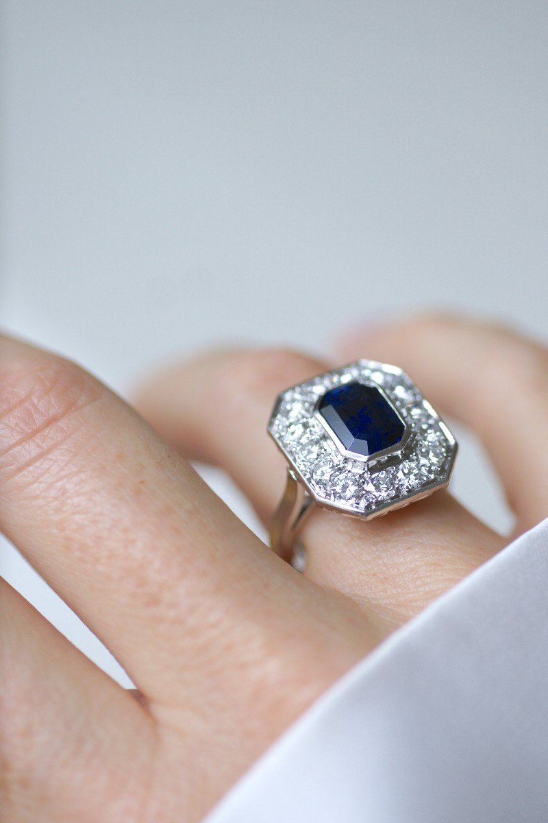  Art Deco Style Hexagonal Sapphire And Diamond Ring In Platinum-photo-2