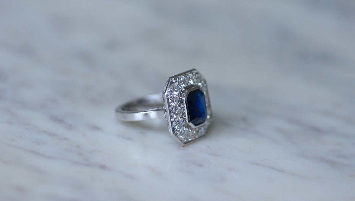  Art Deco Style Hexagonal Sapphire And Diamond Ring In Platinum-photo-4