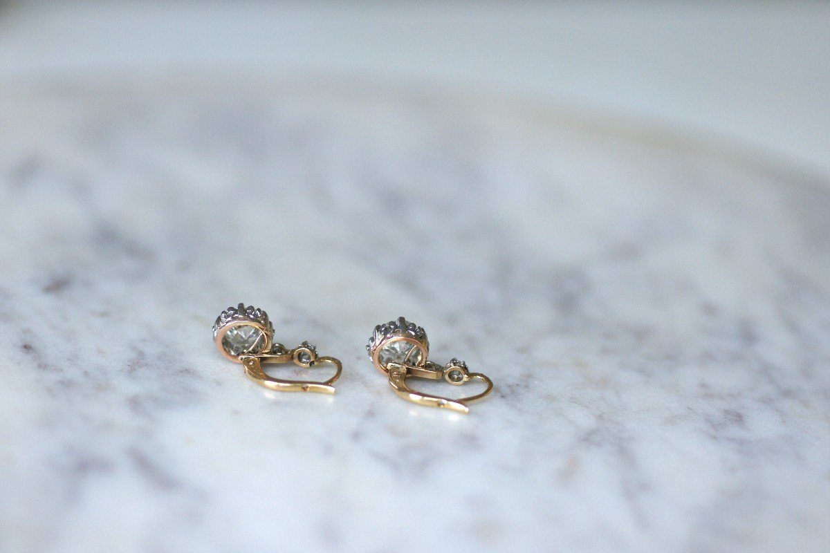 Boucles d'Oreilles Dormeuses Anciennes Diamants 2,45 Cts Sur Or Et Platine-photo-3