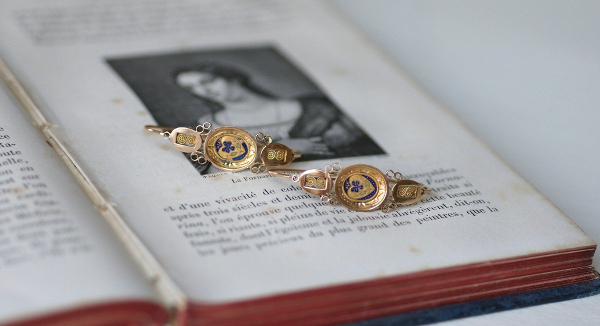 Antique Poissardes Earrings Heart And Flower Enamel On Gold