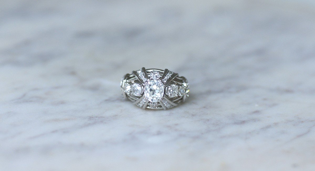 Mauboussin Dome Ring Diamond Cushion 1.57 Cts On Platinum 1950s-photo-2