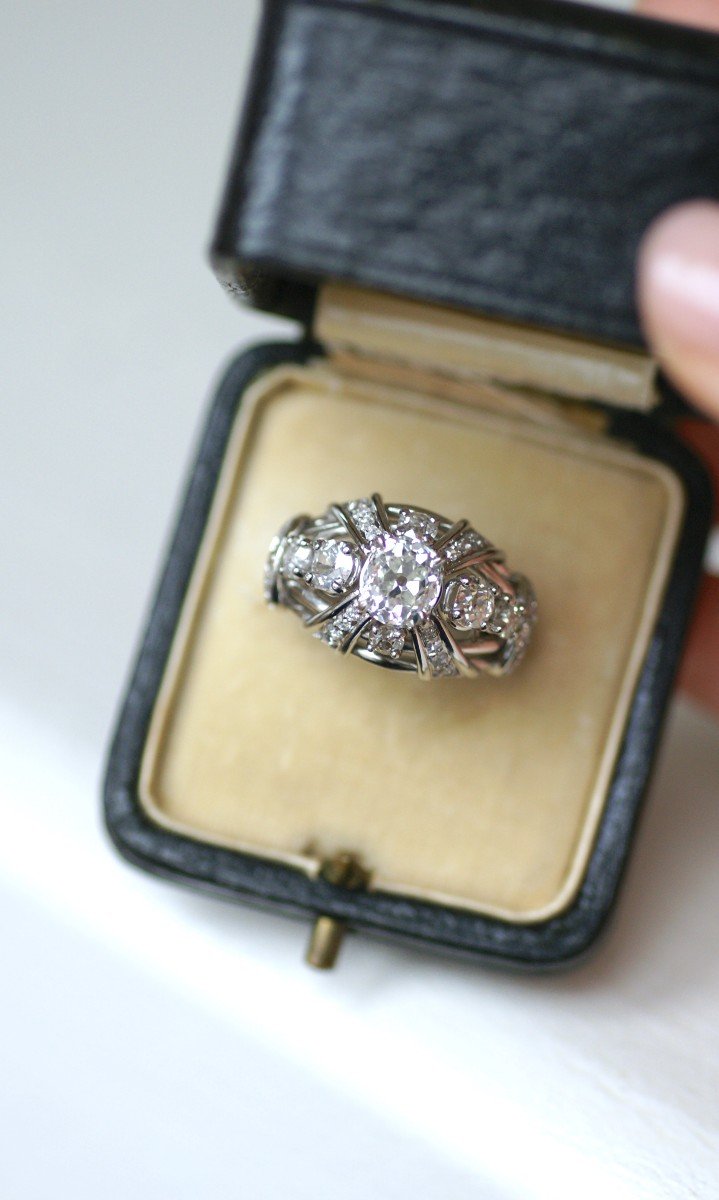 Mauboussin Dome Ring Diamond Cushion 1.57 Cts On Platinum 1950s-photo-1