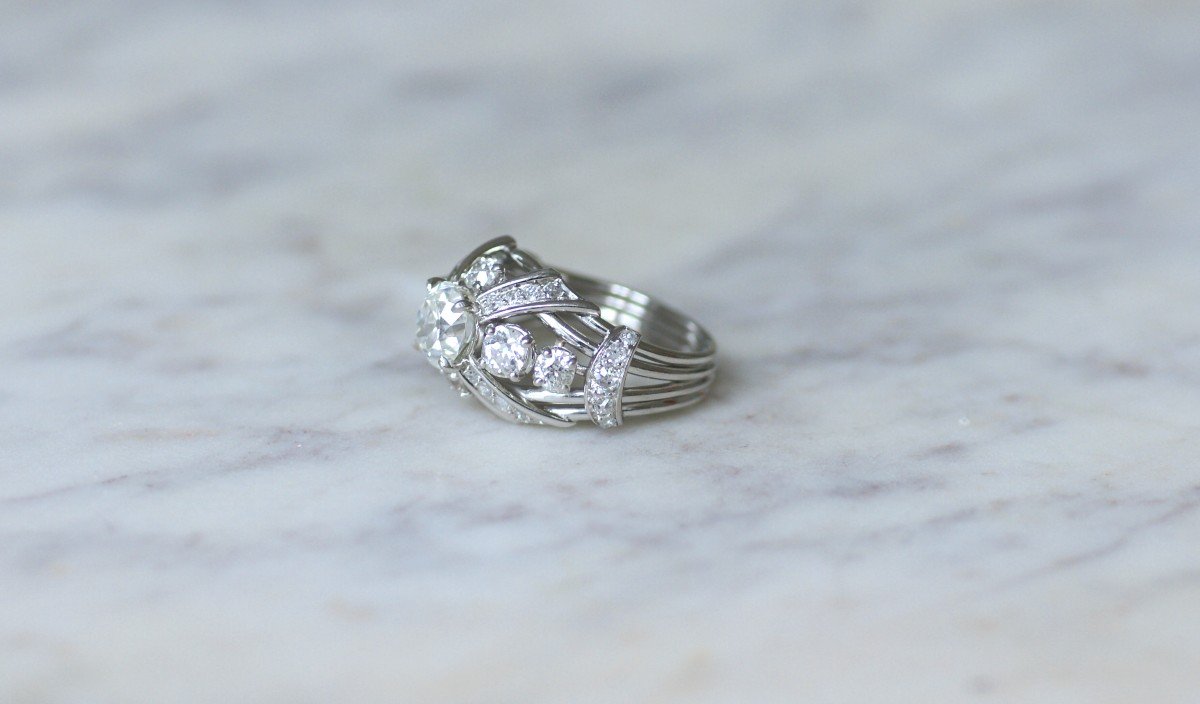 Mauboussin Dome Ring Diamond Cushion 1.57 Cts On Platinum 1950s-photo-6