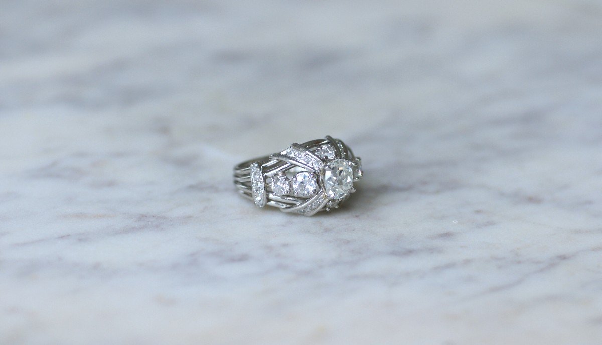 Mauboussin Dome Ring Diamond Cushion 1.57 Cts On Platinum 1950s-photo-7