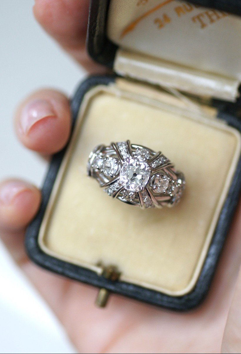 Mauboussin Dome Ring Diamond Cushion 1.57 Cts On Platinum 1950s