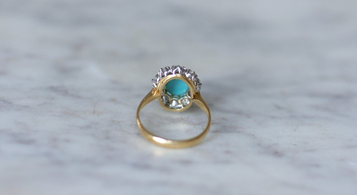 Bague Marguerite Belle Epoque Turquoise Entourage Diamants 1.20 Cts-photo-3