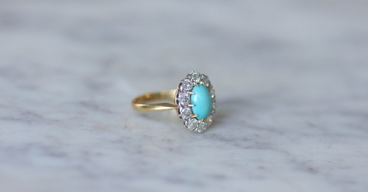 Bague Marguerite Belle Epoque Turquoise Entourage Diamants 1.20 Cts-photo-4