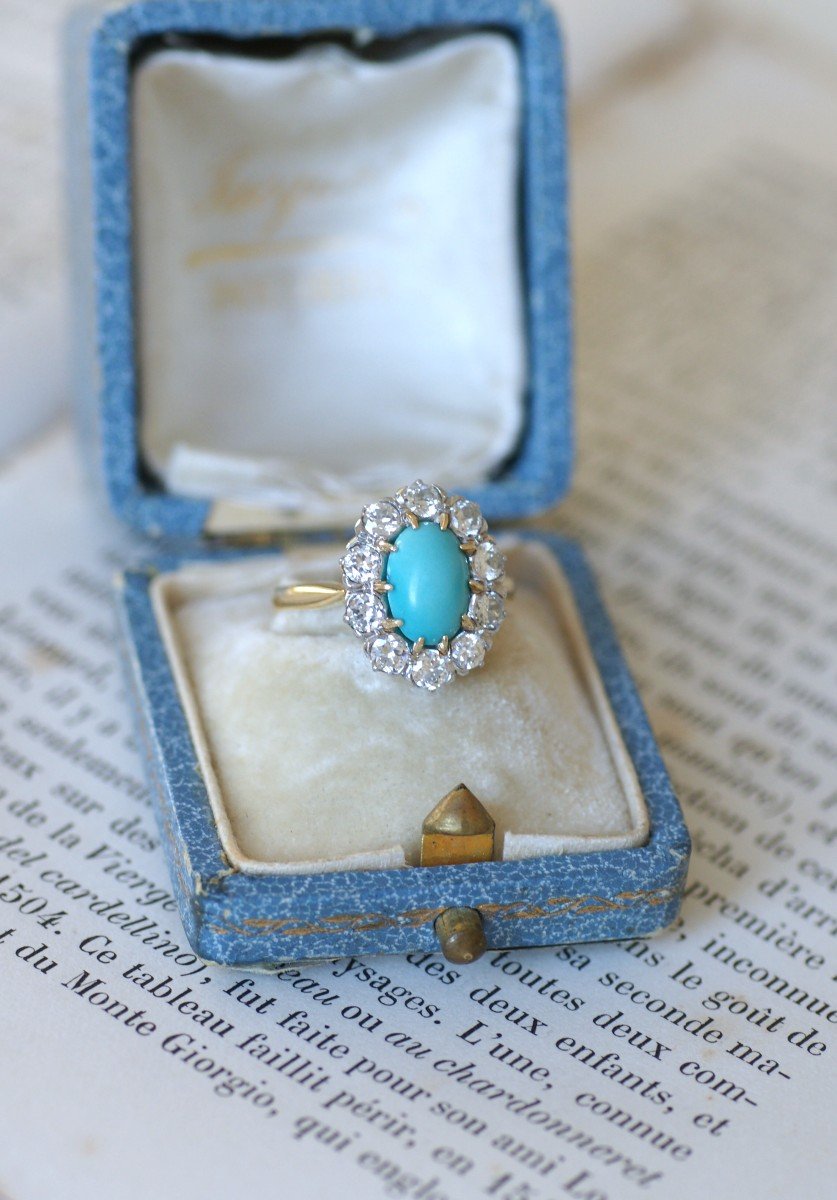 Bague Marguerite Belle Epoque Turquoise Entourage Diamants 1.20 Cts-photo-1