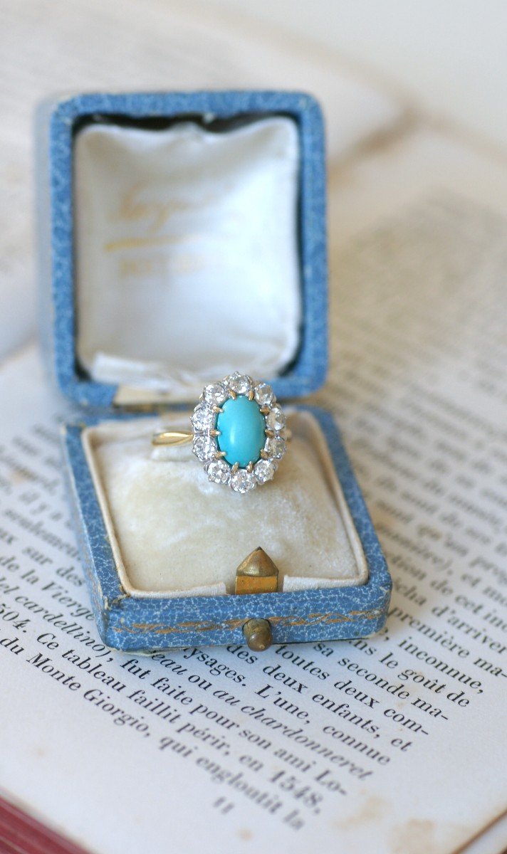 Bague Marguerite Belle Epoque Turquoise Entourage Diamants 1.20 Cts-photo-2