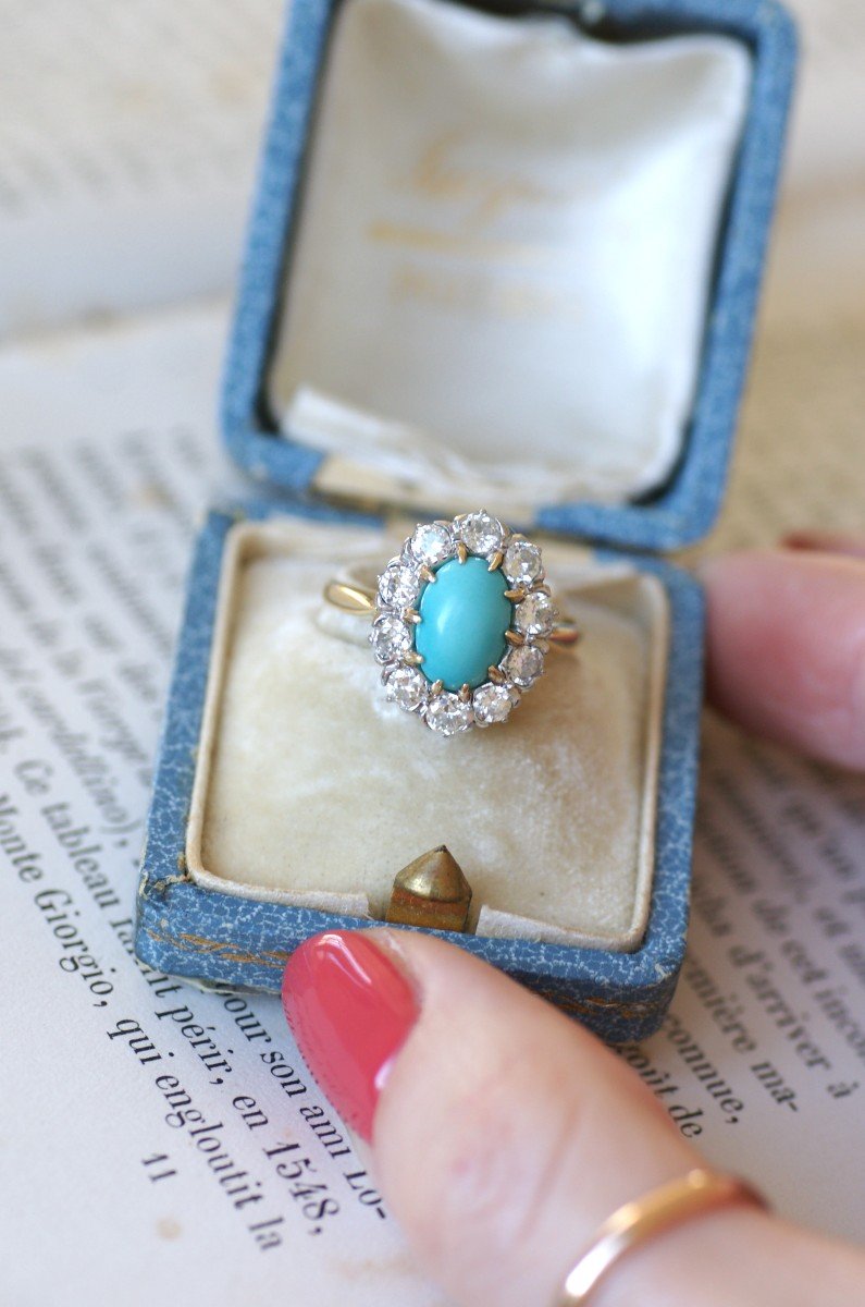 Bague Marguerite Belle Epoque Turquoise Entourage Diamants 1.20 Cts-photo-3