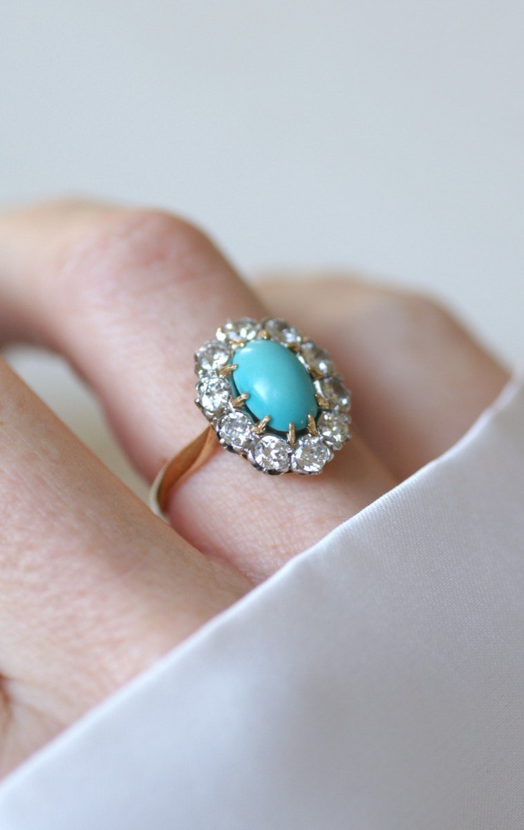 Bague Marguerite Belle Epoque Turquoise Entourage Diamants 1.20 Cts