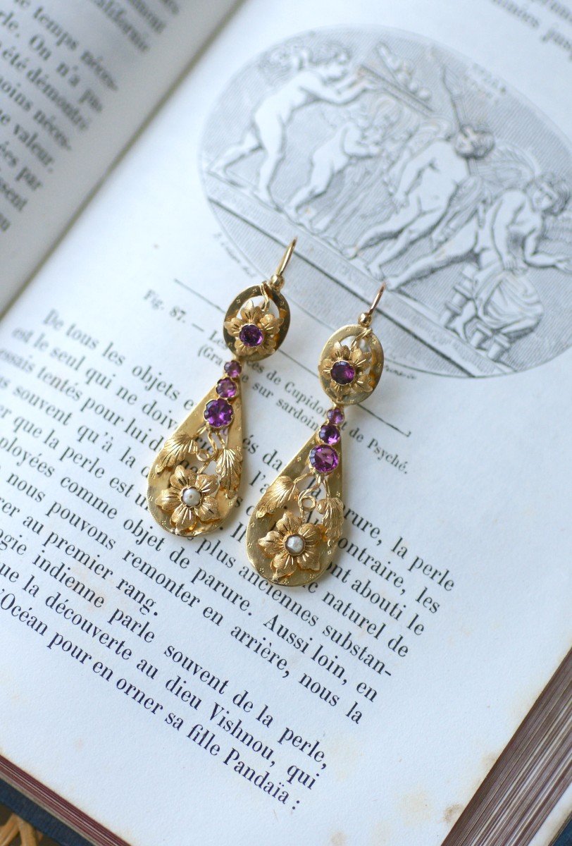 Boucles d'Oreilles Pendants Anciens Grenats Et Perles Sur Or Jaune