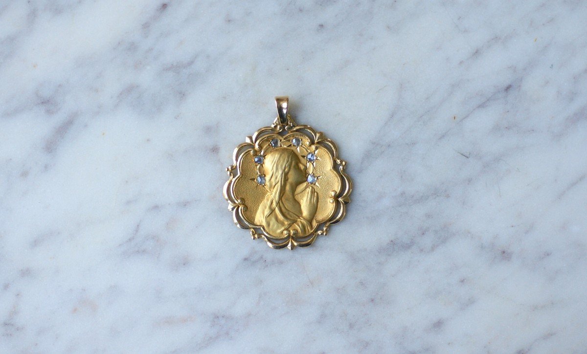 Médaille Ancienne Vierge Marie Diamants Or Jaune Art Nouveau-photo-2