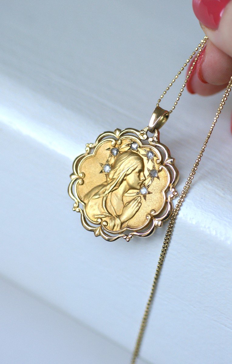 Médaille Ancienne Vierge Marie Diamants Or Jaune Art Nouveau-photo-4