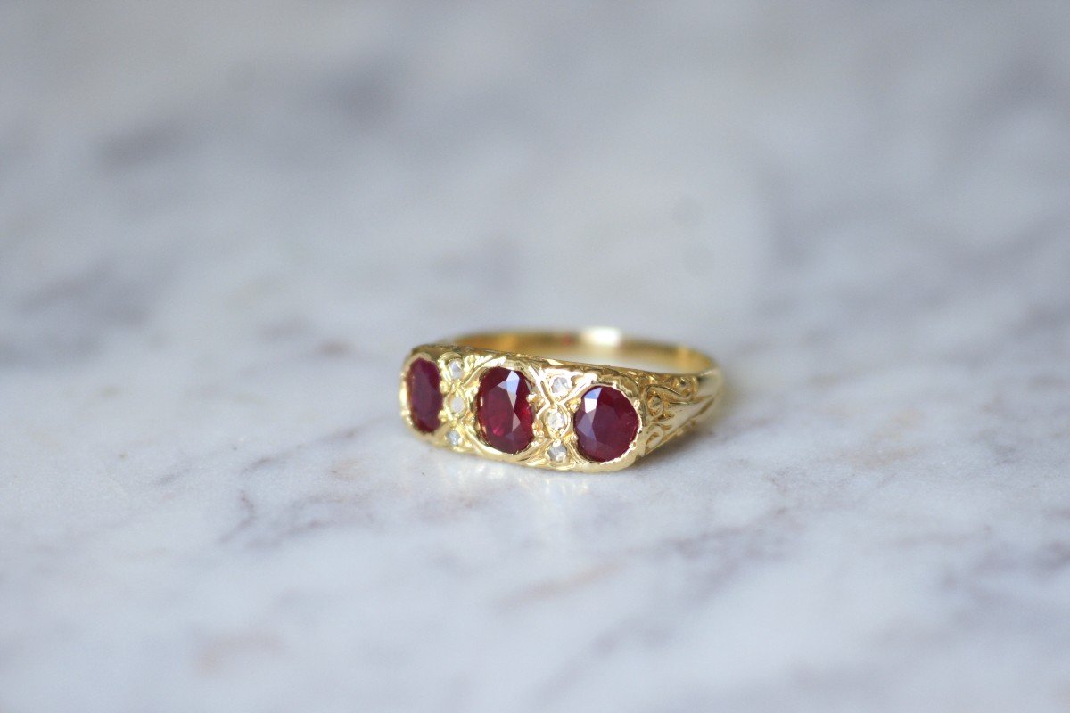 French Victorian 18kt Gold Three Stone Half Hoop Burmese Ruby And Diamond Ring -photo-2