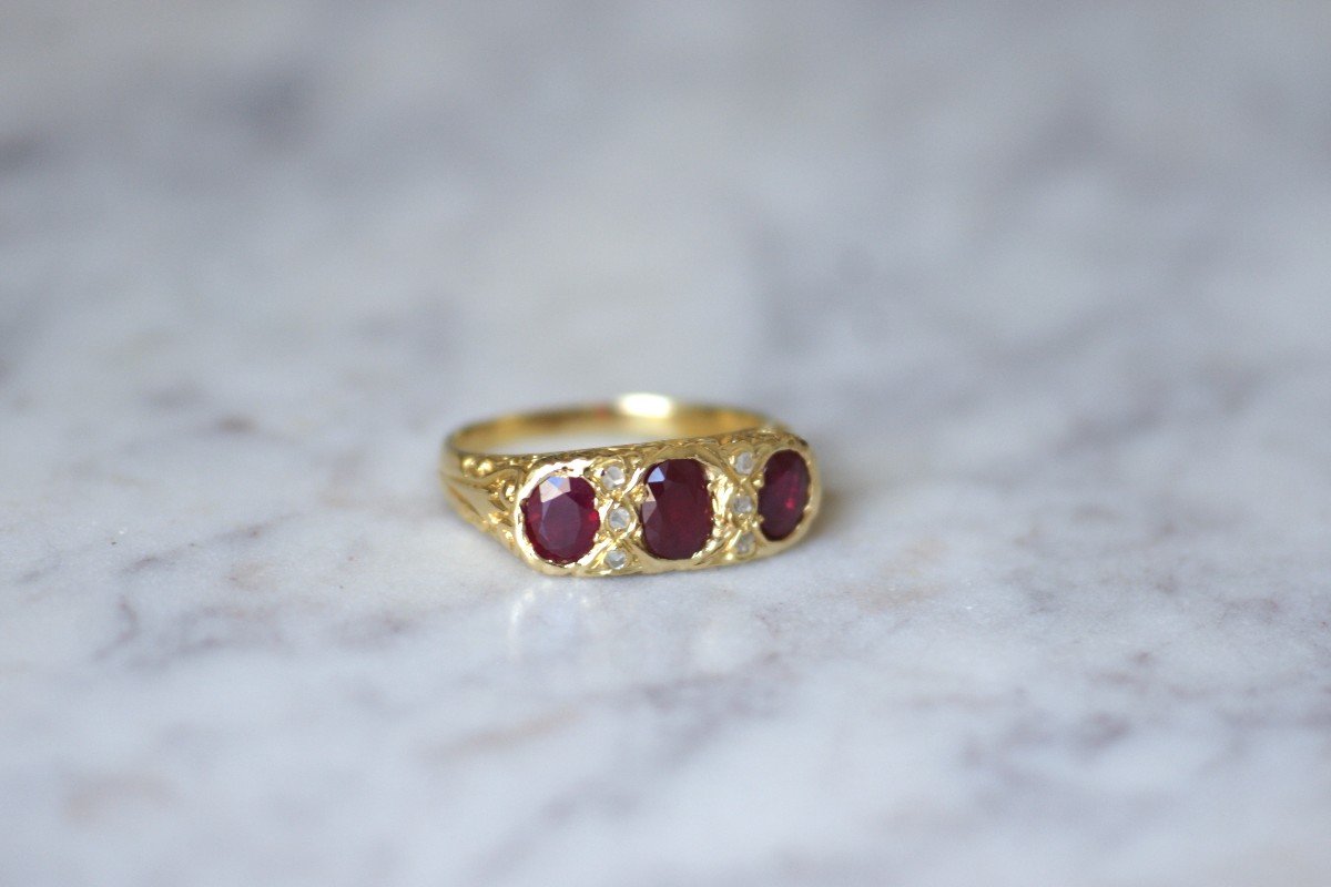 French Victorian 18kt Gold Three Stone Half Hoop Burmese Ruby And Diamond Ring -photo-3