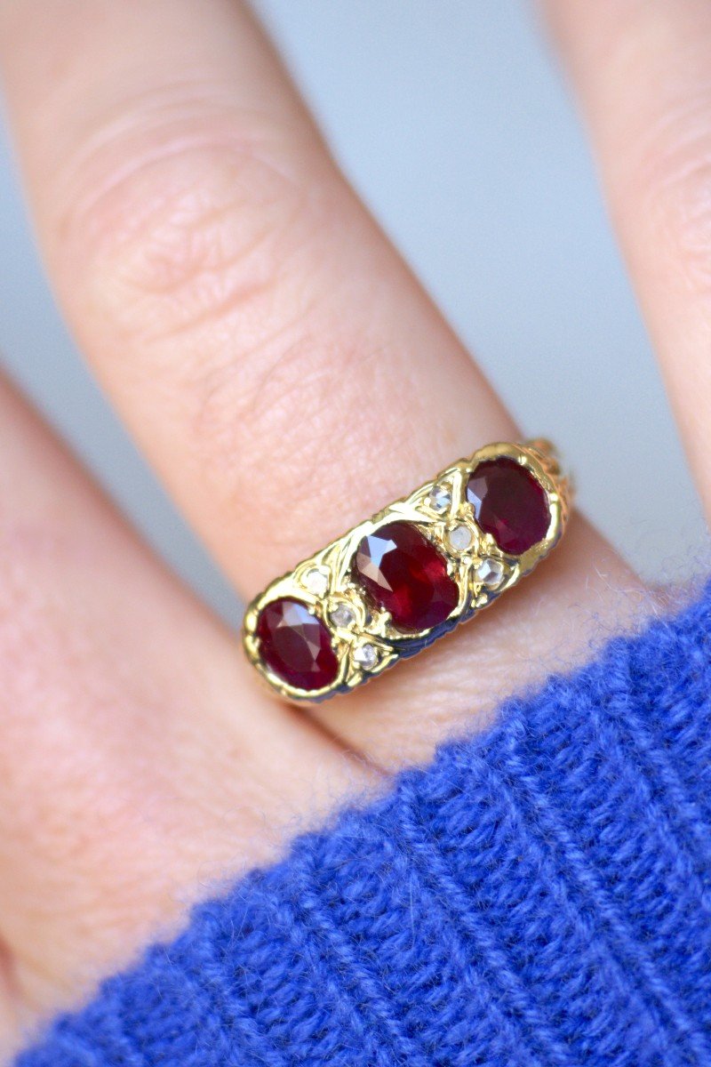 French Victorian 18kt Gold Three Stone Half Hoop Burmese Ruby And Diamond Ring -photo-1