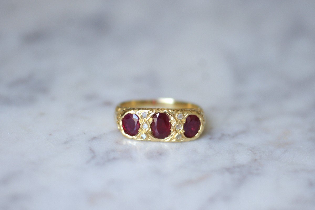 French Victorian 18kt Gold Three Stone Half Hoop Burmese Ruby And Diamond Ring -photo-2