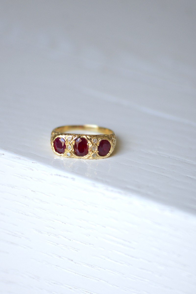 French Victorian 18kt Gold Three Stone Half Hoop Burmese Ruby And Diamond Ring -photo-3