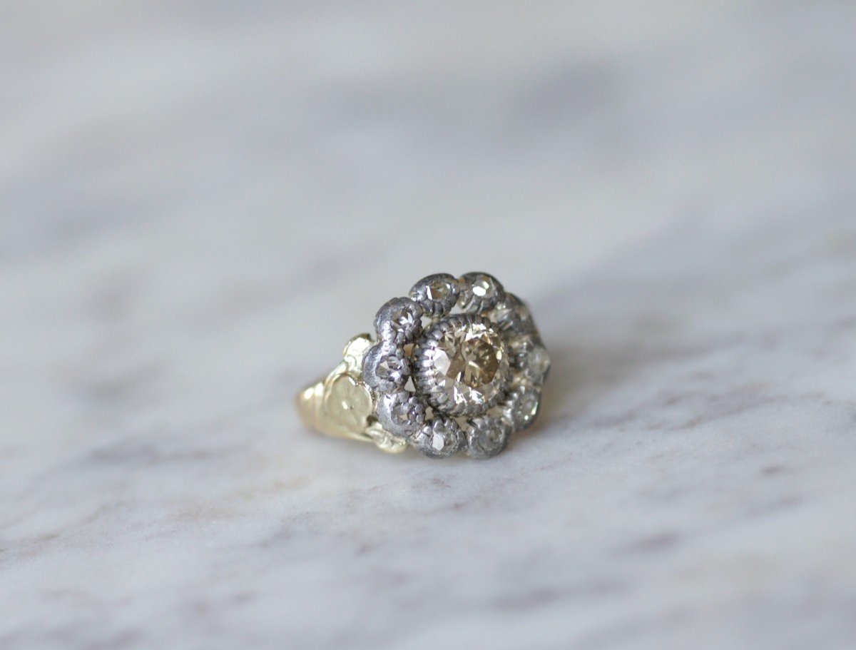 Georgian Gold And Silver Daisy Cluster Ring With Old Mine Cut Diamond-photo-6