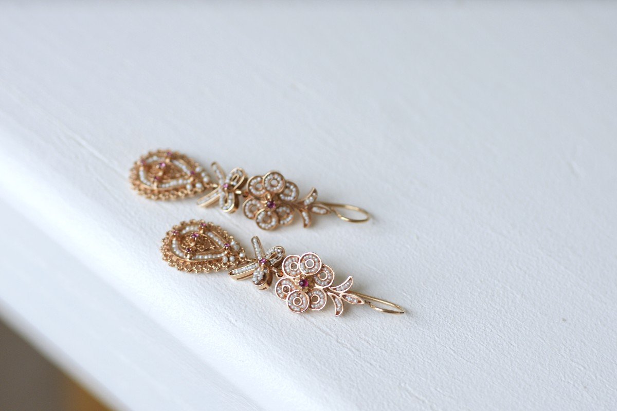 Boucles d'Oreilles Anciennes Goutte, Perles, Rubis Sur Or Rose Filigrané-photo-5