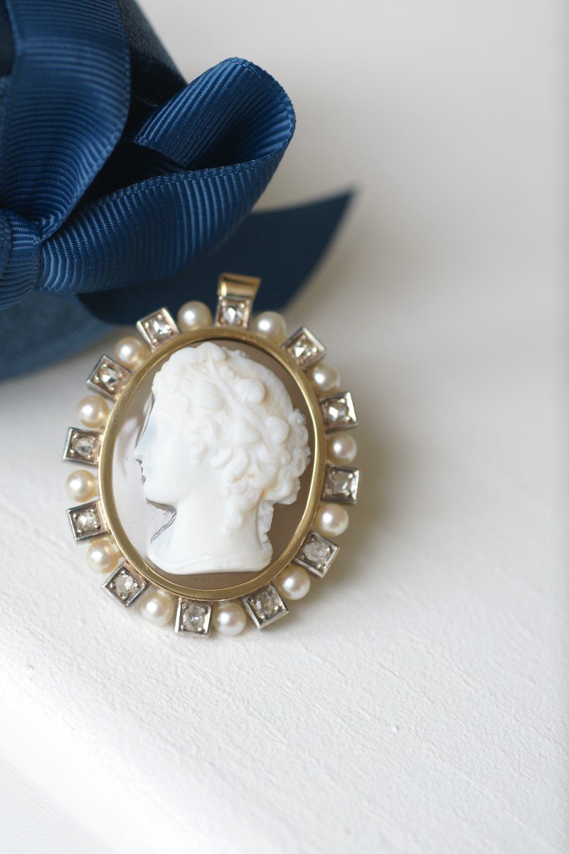 Broche Pendentif Ancienne En Or Jaune, Camée Agate, Perles Et Diamants-photo-3