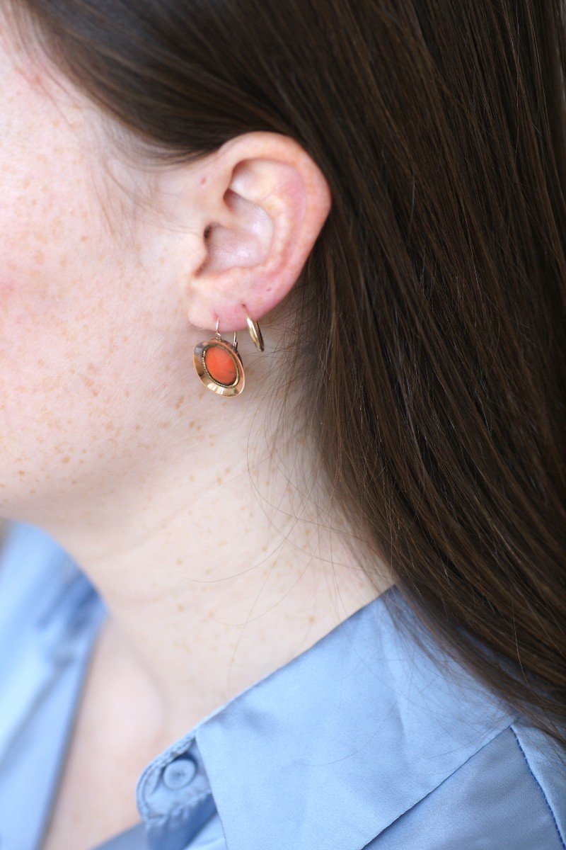 Boucles d'Oreilles Pendantes Gouttes Anciennes En Or Rose Et Corail-photo-3