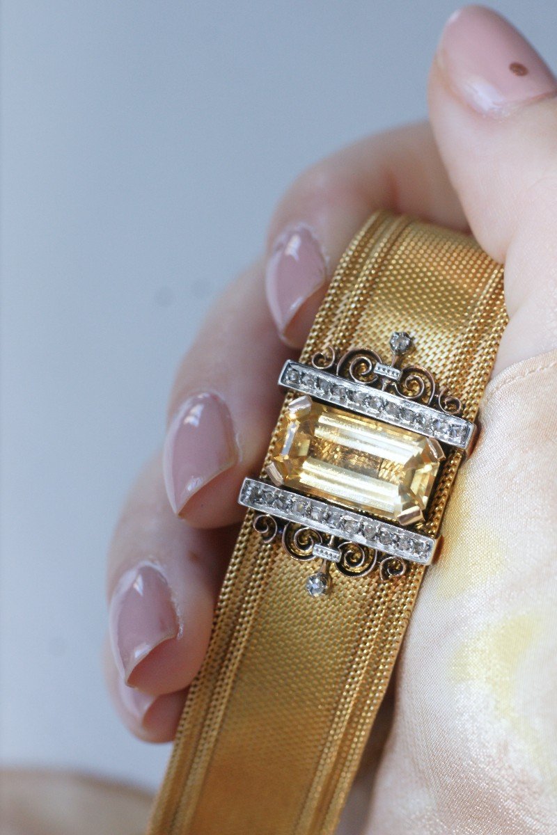 Victorian French Gold Large Bangle Bracelet With Diamonds And Citrine-photo-2