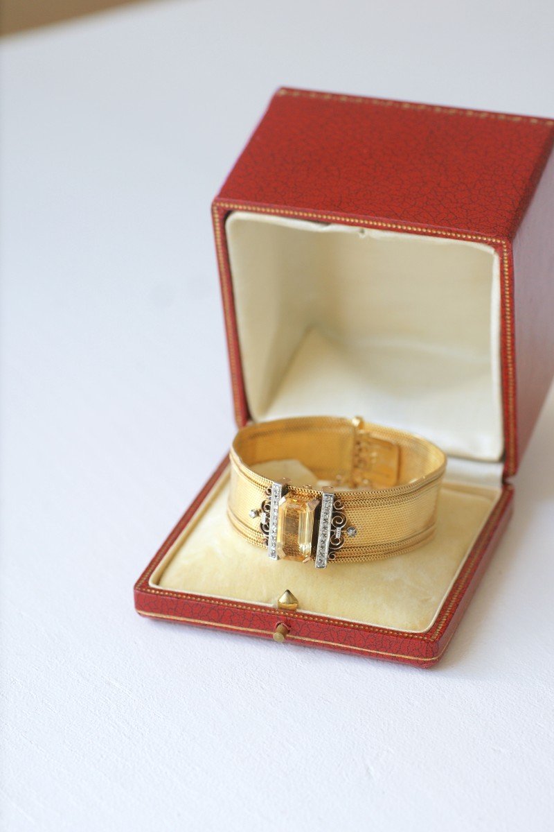 Victorian French Gold Large Bangle Bracelet With Diamonds And Citrine-photo-4