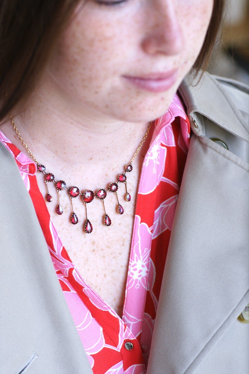 Antique Victorian 18 Kt Rose Gold Perpignan Garnet Fringe Necklace-photo-1