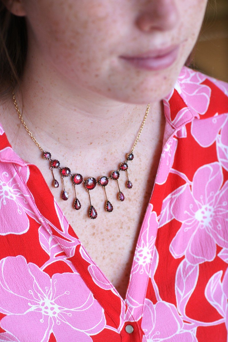 Antique Victorian 18 Kt Rose Gold Perpignan Garnet Fringe Necklace-photo-2