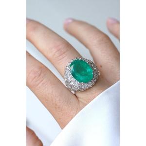 Bague Cocktail Emeraude Colombienne 11.53 Cts Et Diamants Navettes Sur Or Blanc