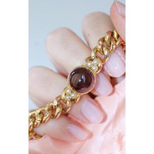 Victorian Yellow Gold, Garnet And Pearl Curb Chain Bracelet