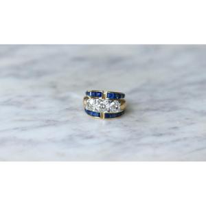 Art Deco Ring 2.00 Cts Diamonds And Square Cut Sapphires On Gold And Platinum