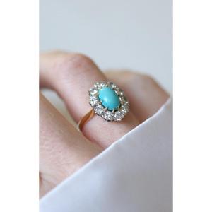 Edwardian Turquoise & Diamonds Cluster Ring 