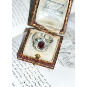 Bague Marguerite Rubis Birman Non Chauffé 1.60 Cts Et Diamants