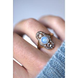 Bague Marquise Opale Entourage Diamants Sur Or Rose Et Argent