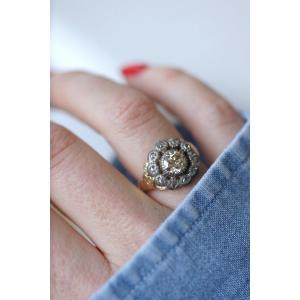 Georgian Gold And Silver Daisy Cluster Ring With Old Mine Cut Diamond