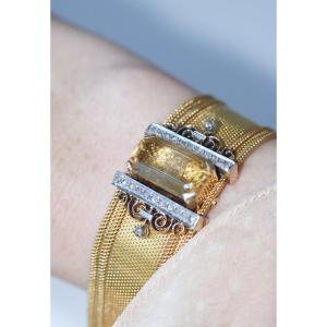 Victorian French Gold Large Bangle Bracelet With Diamonds And Citrine